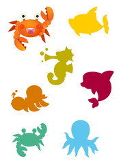 cartoon matching game with sea animals / colorful shapes - isolated illustration for children