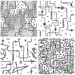 Vector kit of black and white seamless abstract patterns. Set of backgrounds of geometric shapes, zigzag lines and simple shapes. Ornament print for fabrics or packaging.