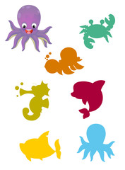 cartoon matching game with sea animals / colorful shapes - isolated illustration for children