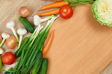 closeup of fresh fruits and vegetables on wooden table, healthy food concept, abstract object and background