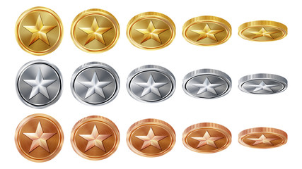 Game 3D Gold, Silver, Bronze Coins Set Vector With Star. Flip Different Angles. Achievement Coin Icons, Sign, Success, Winner, Bonus, Cash Symbol. Illustration Isolated. For Web, Game App Interface