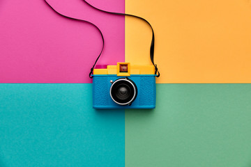 Fashion Film Camera. Hot Summer Vibes. Pop Art. Creative Retro Design camera. Hipster Trendy Accessories. Sunny summer Still life. Bright Sweet fashion Style. Surreal, Minimal Fun.Vanilla Pastel Color