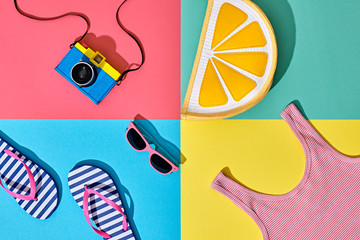 Fashion Film Camera, Retro Design. Summer Clothes Accessories Set. Pop Art Style. Glamor Lemon...