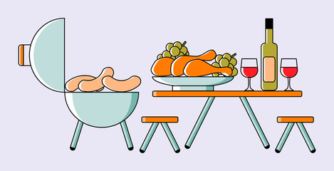 Picnic on nature flat illustration with grill, meal, fruit, wine, glasses. Summer line icon for web