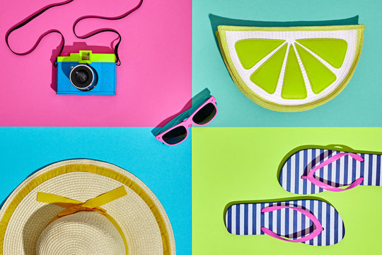 Fashion Film Camera, Retro Design. Summer Clothes Accessories Set. Pop Art Style. Glamor Lime Citrus Clutch, Trendy fashion Sunglasses. Hipster Beach Outfit. Hot summer color.Creative Bright Concept
