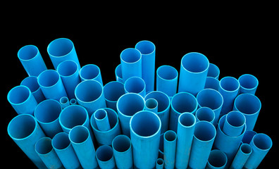 Many size of blue plastic pipes PVC in store.
