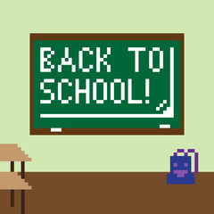 Pixel image of the classroom for the holiday of knowledge on September 1. The chalkboard shows the inscription Back to school!