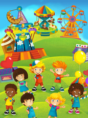 Cartoon scene with young children of different nationality in the playground