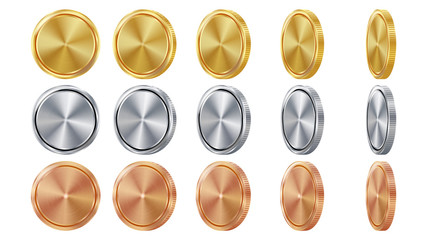 Empty 3D Gold, Silver, Bronze Coins Vector Blank Set. Realistic Template. Flip Different Angles. Investment, Web, Game App Interface Concept. Coin Icon, Sign, Banking Cash Symbol. Currency Isolated