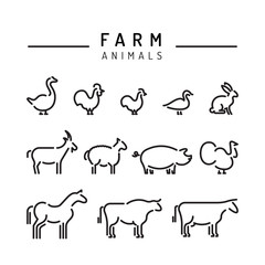 Vector farm animals silhouettes outline logo isolated on white. Set of animals icons for the design games and apps with animals