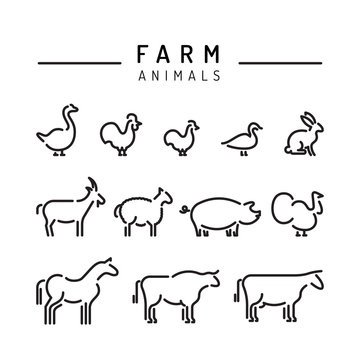 Vector farm animals silhouettes outline logo isolated on white. Set of animals icons for the design games and apps with animals