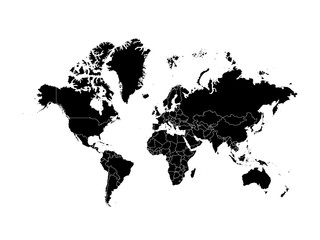 Black World map political, isolated on white background. Worldmap Vector template. Flat world Earth illustration.