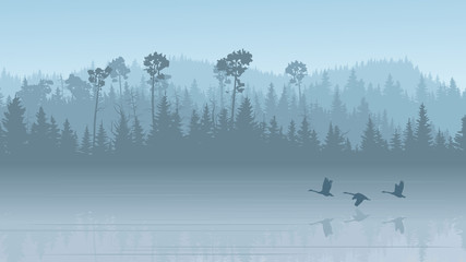 Illustration of forest hills with its reflection in lake with swans.