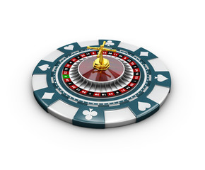 3d Illustration of casino chips and roulette, isolated on white
