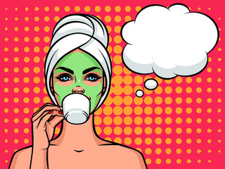 Young beautiful woman European type with towel on her head and mask on her face. Relaxing girl with cup of tea or coffee and speech bubble over halftone