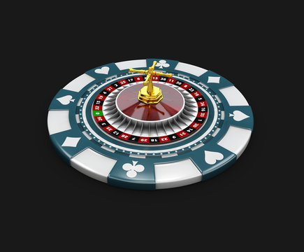 Casino blue chip and roullette, isolated black 3d Illustration