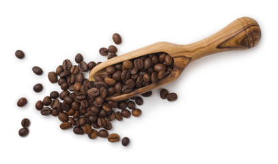 Coffee beans and wooden scoop composition isolated on white background