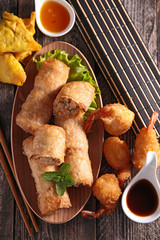 samosa, spring roll and fried shrimp