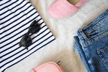 flat lay women fashion. trendy hipster clothes, accessories top view. fashion bloggers outfit...