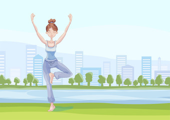 Fototapeta na wymiar Young attractive woman practicing yoga in the city park, standing on one leg. Vrikshasana exercise, Tree pose. Vector illustration, isolated on white background.