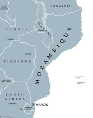 Mozambique political map with capital Maputo. Republic and country in Southeast Africa bordered by the Indian Ocean. Gray illustration isolated on white background. English labeling. Vector.