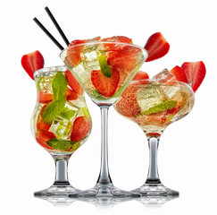 fresh fruit alcohol cocktail or mocktail in classic glass with ice, strawberry and mint isolated on white background