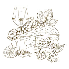 Pile of hand drawn cheese with glass of wine, grapes and fig. Vector hand drawn illustration.