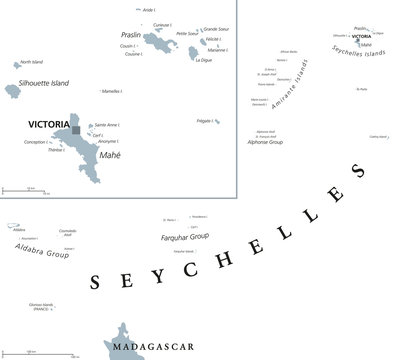 Seychelles political map with capital Victoria on the main island Mahe. Republic, archipelago and country in the Indian Ocean. Gray illustration isolated on white background. English labeling. Vector.
