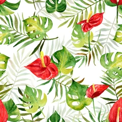  Seamless pattern with watercolor tropical flowers and leaves on striped background. Illustration can be used for gift wrapping, background of web pages, as a print for any printing products. © inna72