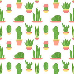 Seamless pattern of cacti and succulents in pots. Flat design cactus isolated on white background. Vector illustration.