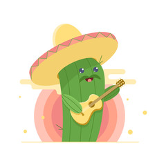 Cute cactus in sombrero, singing serenade and playing guitar. Sun on background. Flat cartoon illustration