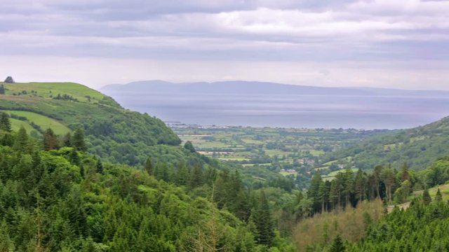 panoramic view of Glenariff known as Queens of the Glens and the biggest of the nine Glens of Antrim, County Antrim, Northern Ireland, UK