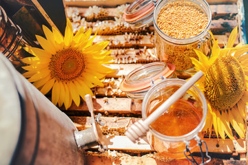 Honey jar on the hive in the apiary