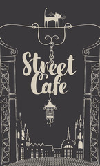 Vector banner for street cafe with street sign on the dark background of old city landscape in retro style