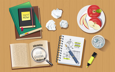 Searching for information to work and study. Management top view concept. Self-development. Health and balance of life. Working person.