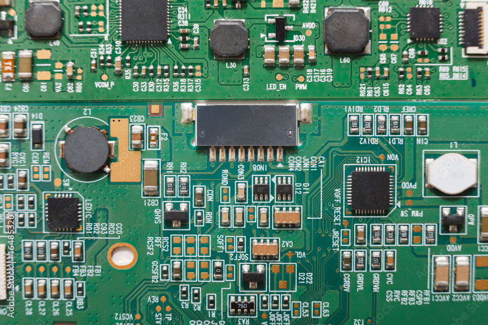 Poster computer motherboard components close up, top view