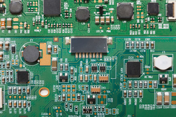 Computer motherboard components close up, top view