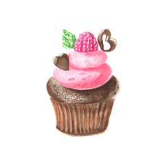 Watercolour hand-painted chocolate cupcake with strawberry 