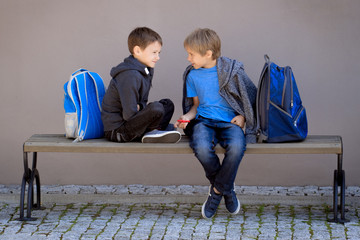 Primary education, school, friendship concept - two boys with backpacks sitting, talking and...