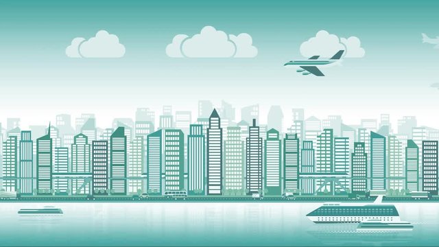 City skyline with traffic of various vehicles train airplane car ship in flat style, cityscape, seamless loop