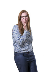 Pretty business woman making suicide gesture over blur background