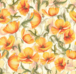 Hand-drawn watercolor floral seamless pattern with the yellow poppy flowers on the white background in vintage style. Natural and vibrant repeated print for textile, wallpaper. Wild blossom