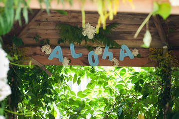 Aloha on wooden background, party Hawaiian-style,