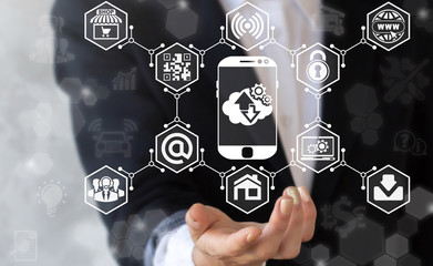 Young businessman represents in hand icon smartphone with cloud and arrows on virtual screen. Mobile information technology.
