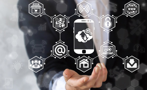 Young businessman represents in hand icon smartphone with cloud and arrows on virtual screen. Mobile information technology.