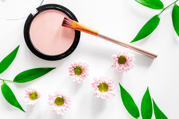 Blush and brush on white table background top view