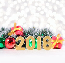 2018 year golden figures and Christmas decorations