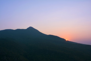 Naklejka premium Sunrise from the sacred Popa Mount (Taung Kalat) near Bagan, Myanmar