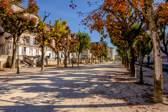 Summer sunny Angouleme town square with colourful trees
