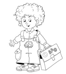 Back to school. A cute schoolboy. Coloring page. Illustration for children. 